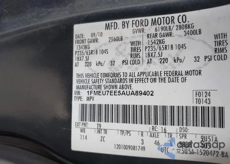 2010 Ford Explorer Eddie Bauer z USA, uszkodzony, nr VIN 1FMEU7EE5AUA89402